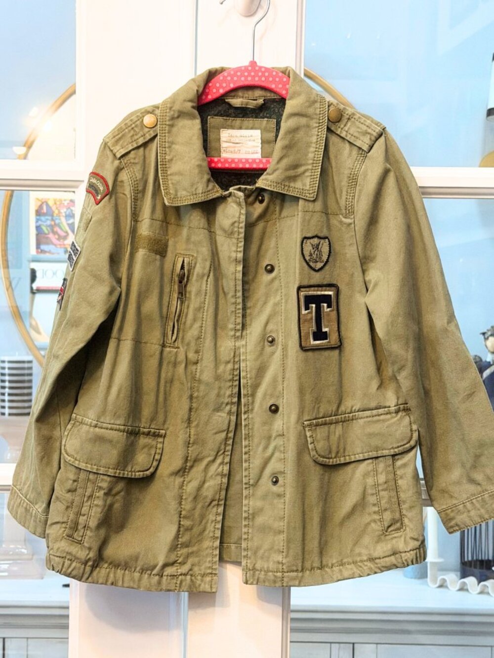 Zara Jacket Girls Size 6/7 Kids Olive Green Patch Military Utility Shaket Shirt